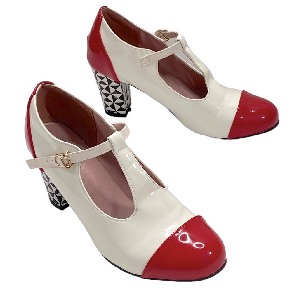 White & Red Retro T-Bar Mary Jane Heels; EU size 41 - 9-9.5 Patent Leather
